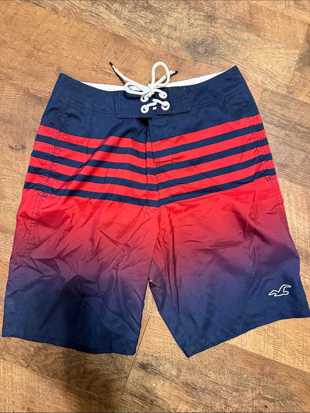Hollister Navy and Red Ombre Stripe Swim Board Shorts 28